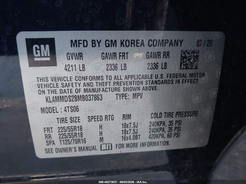 2021 Buick Encore Gx Fwd Select VIN: KL4MMDS28MB037863 Lot: 45273837