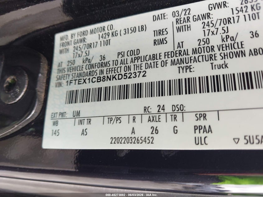 2022 Ford F-150 Xl VIN: 1FTEX1CB8NKD52372 Lot: 45273882