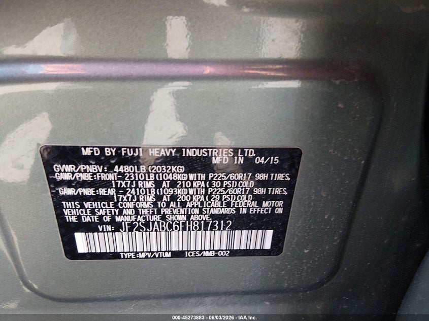 2015 Subaru Forester 2.5I VIN: JF2SJABC6FH817312 Lot: 45273883