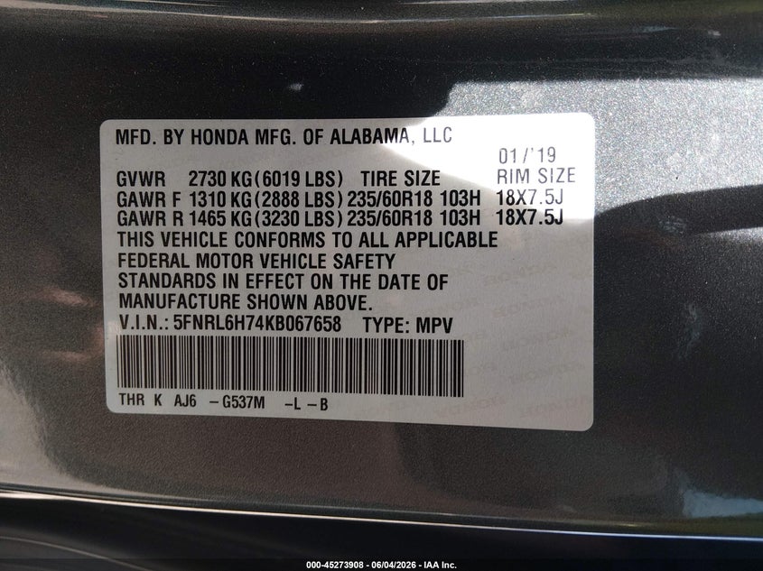 2019 Honda Odyssey Ex-L VIN: 5FNRL6H74KB067658 Lot: 45273908