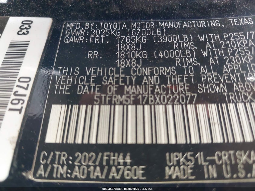2011 Toyota Tundra Grade 4.6L V8 VIN: 5TFRM5F17BX022077 Lot: 45273939