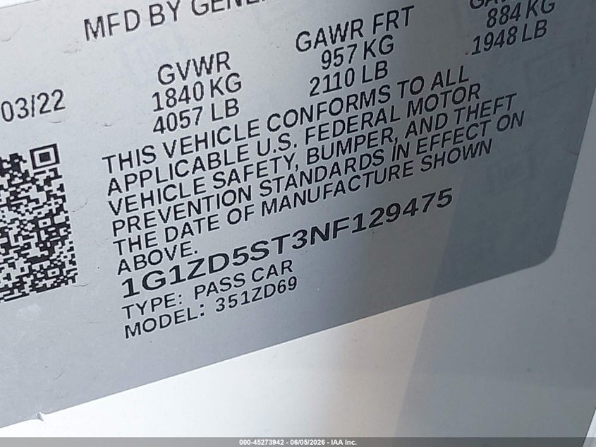 2022 CHEVROLET MALIBU 1.5L I-4 DI, DOHC, V(VIN: 1G1ZD5ST3NF129475