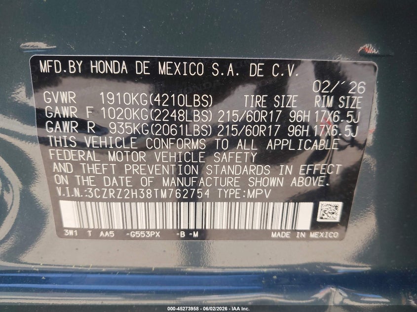 2026 Honda Hr-V Awd Lx VIN: 3CZRZ2H38TM762754 Lot: 45273958