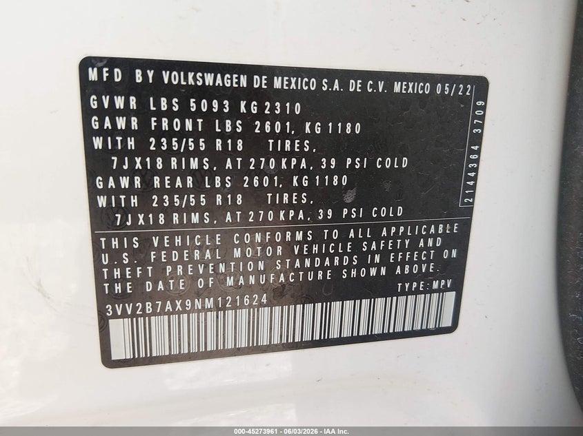 2022 Volkswagen Tiguan 2.0T Se VIN: 3VV2B7AX9NM121624 Lot: 45273961