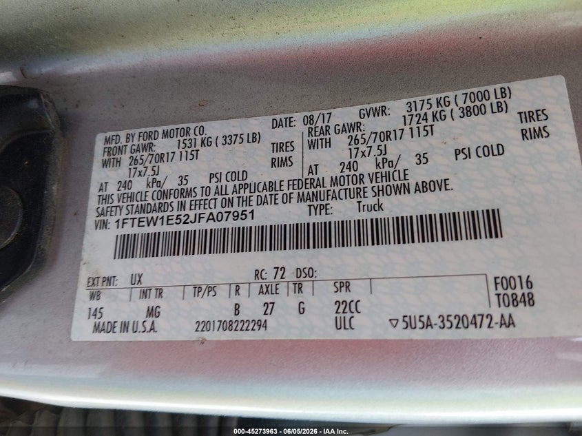 VIN 1FTEW1E52JFA07951 2018 FORD F-150 XLT