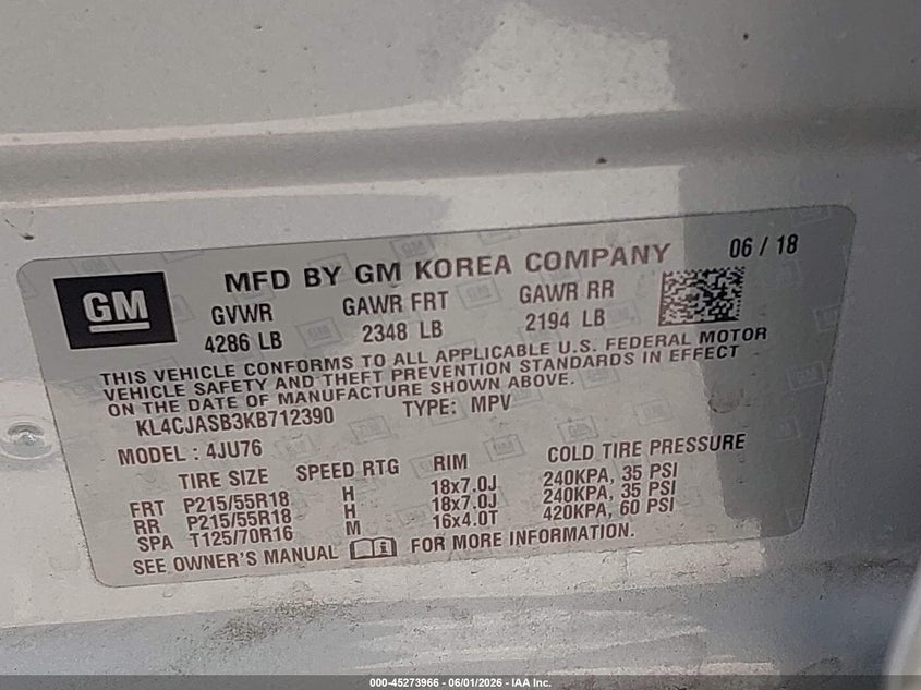 2019 Buick Encore Fwd Preferred VIN: KL4CJASB3KB712390 Lot: 45273966