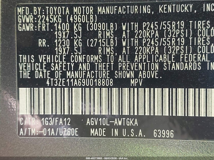 2009 Toyota Venza VIN: 4T3ZE11A69U018808 Lot: 45273968