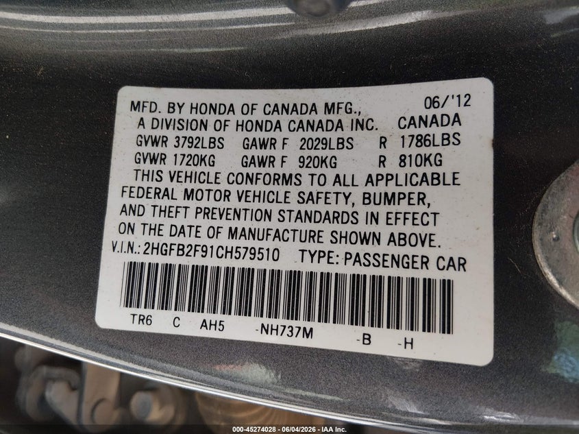 2012 Honda Civic Ex-L VIN: 2HGFB2F91CH579510 Lot: 45274028