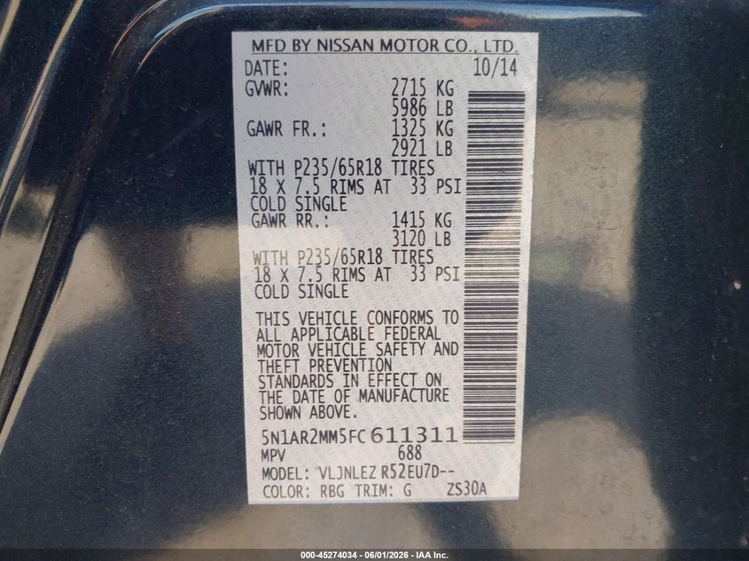 2015 Nissan Pathfinder Sv VIN: 5N1AR2MM5FC611311 Lot: 45274034