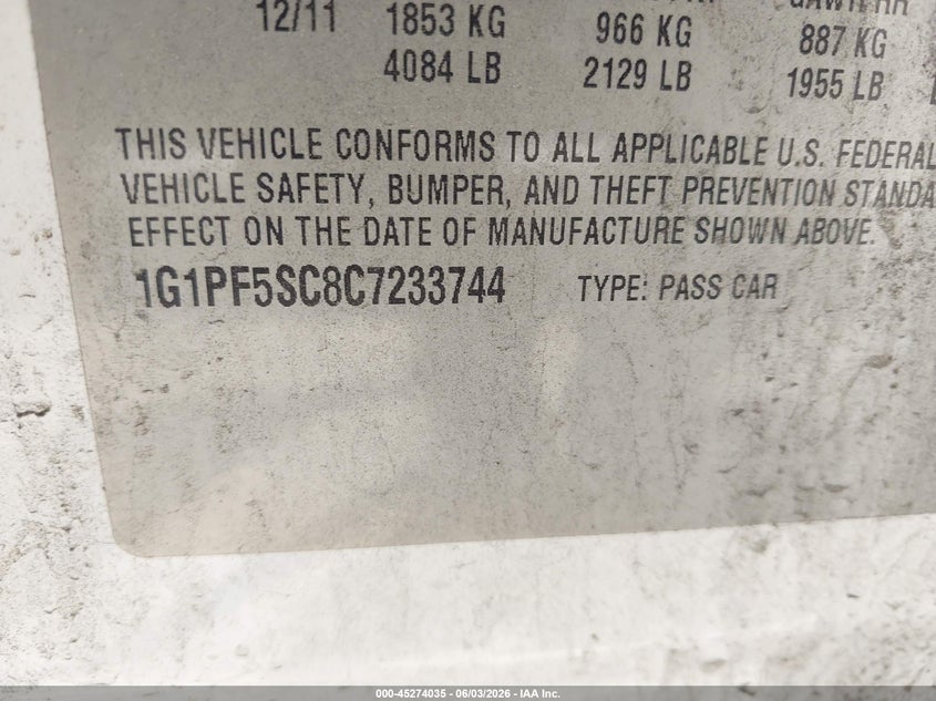 2012 Chevrolet Cruze 1Lt VIN: 1G1PF5SC8C7233744 Lot: 45274035