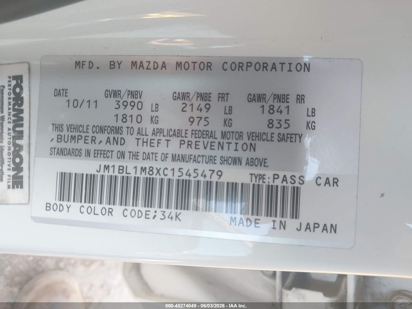 2012 Mazda 3 2.0 I Grand Touring white Lot 111045274049 Vin JM1BL1M8XC1545479