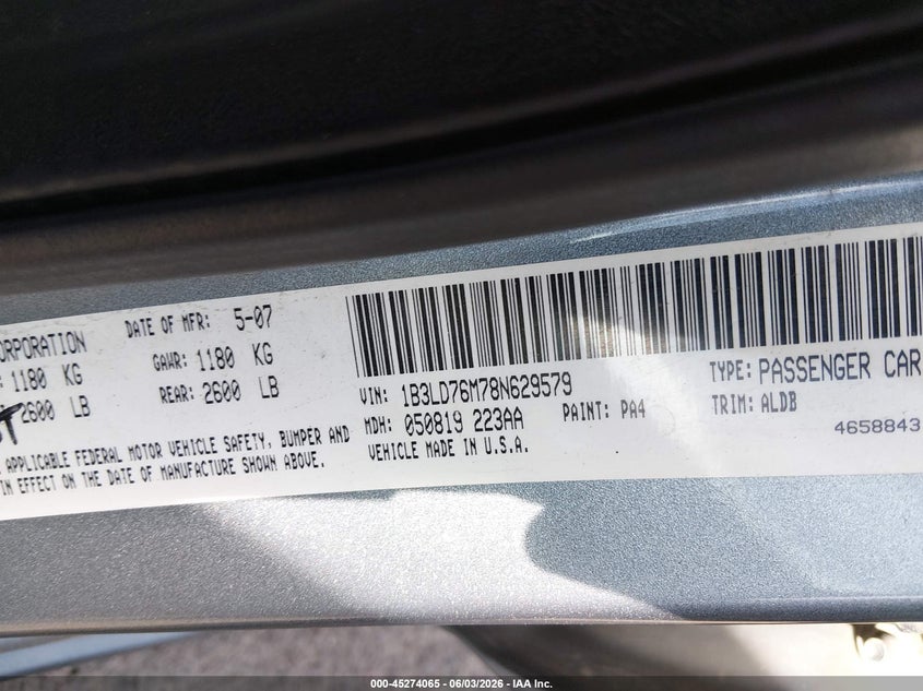 2008 Dodge Avenger R/T VIN: 1B3LD76M78N629579 Lot: 45274065