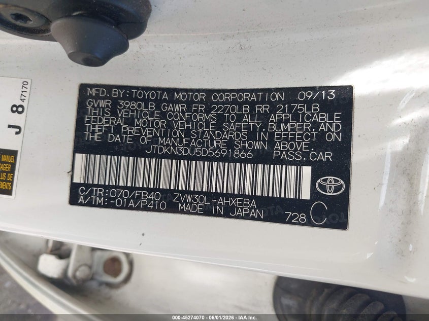 2013 Toyota Prius Two VIN: JTDKN3DU5D5691866 Lot: 45274070