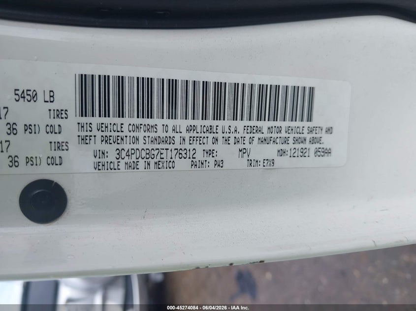 2014 Dodge Journey Sxt VIN: 3C4PDCBG7ET176312 Lot: 45274084
