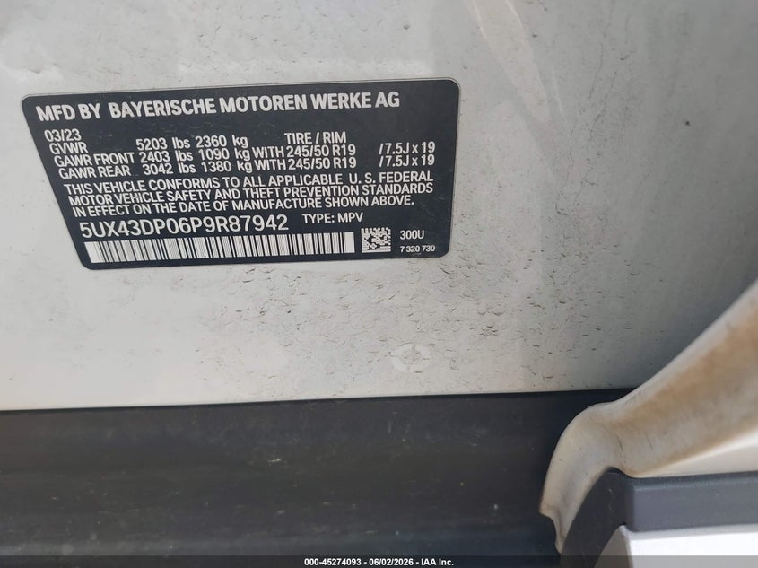 2023 BMW X3 Sdrive30I VIN: 5UX43DP06P9R87942 Lot: 45274093