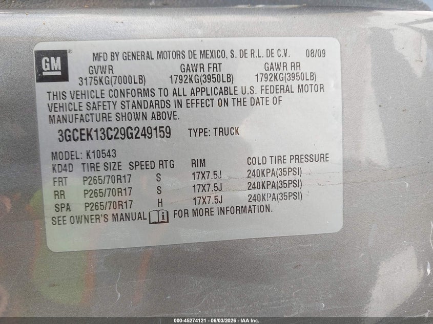 2009 Chevrolet Silverado 1500 Ls VIN: 3GCEK13C29G249159 Lot: 45274121