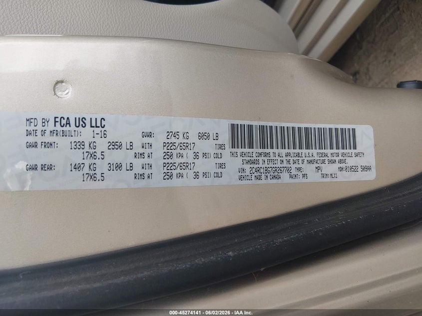 2016 Chrysler Town & Country Touring VIN: 2C4RC1BG7GR267702 Lot: 45274141