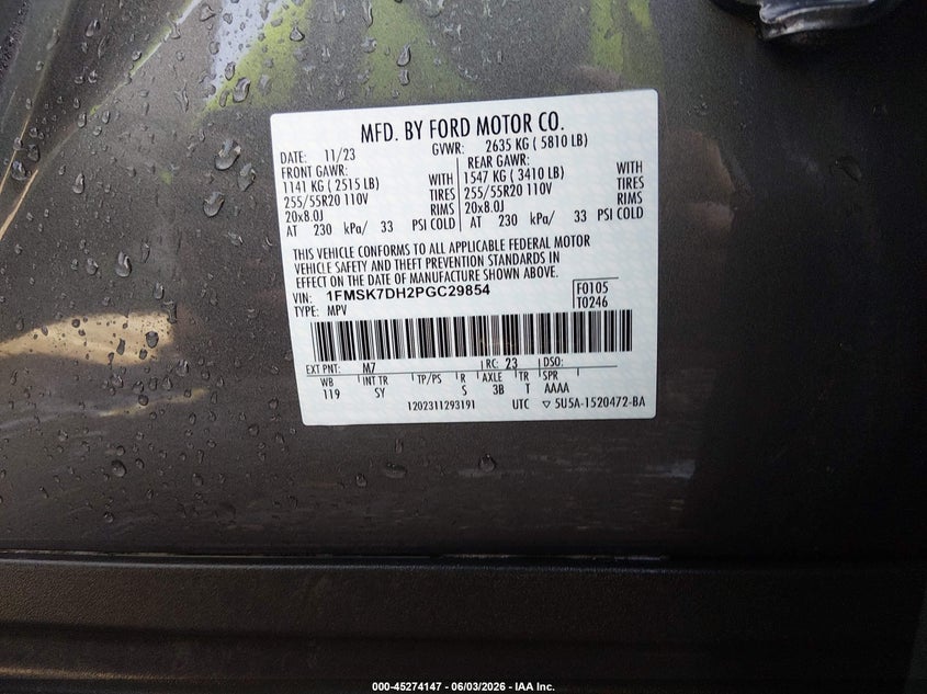 VIN 1FMSK7DH2PGC29854 2023 FORD EXPLORER XLT