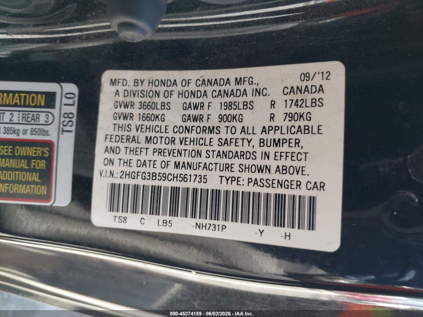 2HGFG3B59CH561735 2012 Honda Civic 1.8 Lx Black