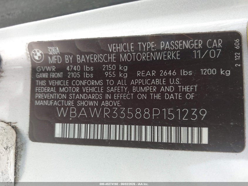 2008 BMW 328I VIN: WBAWR33588P151239 Lot: 45274160