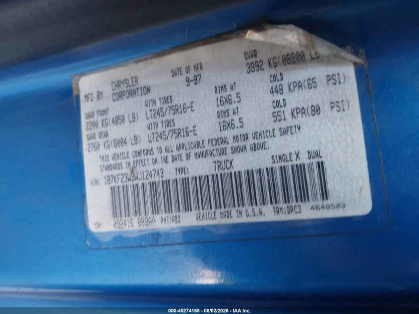 1998 Dodge Ram 2500 St VIN: 1B7KF23W9WJ124743 Lot: 45274168