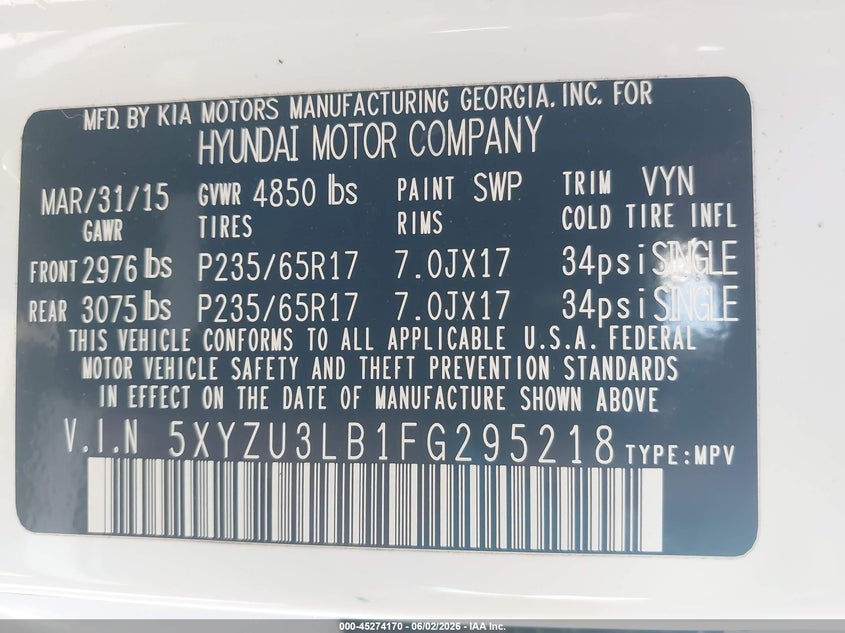 2015 Hyundai Santa Fe Sport 2.4L VIN: 5XYZU3LB1FG295218 Lot: 45274170