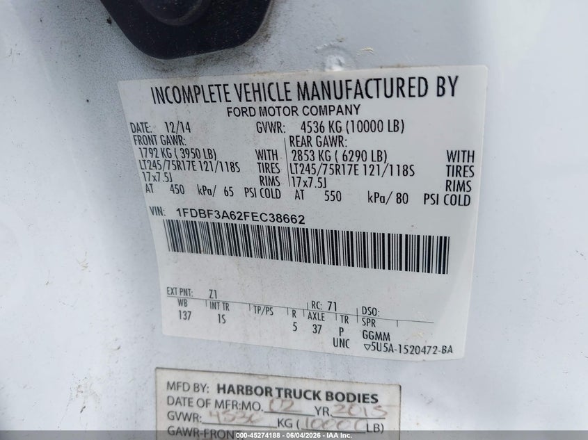 2015 Ford F-350 Xl VIN: 1FDBF3A62FEC38662 Lot: 45274188