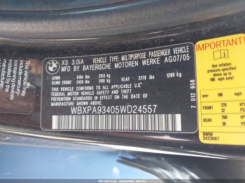 2005 BMW X3 3.0I VIN: WBXPA93405WD24557 Lot: 45274194