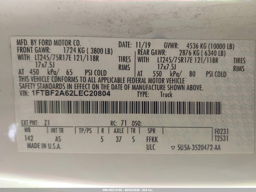 2020 Ford F-250 Xl VIN: 1FTBF2A62LEC20804 Lot: 45274198