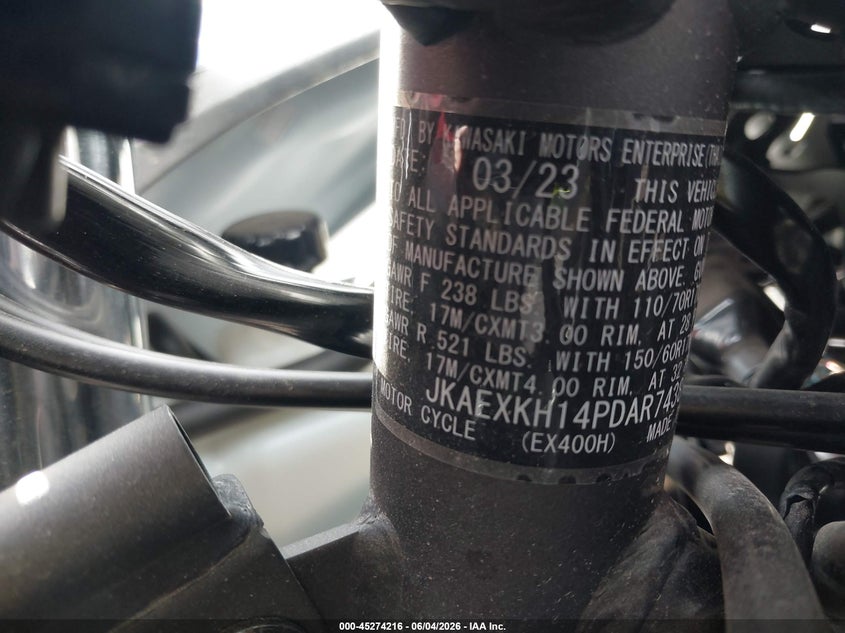 2023 Kawasaki Ex400 VIN: JKAEXKH14PDAR7438 Lot: 45274216
