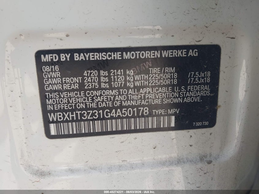 2016 BMW X1 xDrive28I VIN: WBXHT3Z31G4A50178 Lot: 45274221