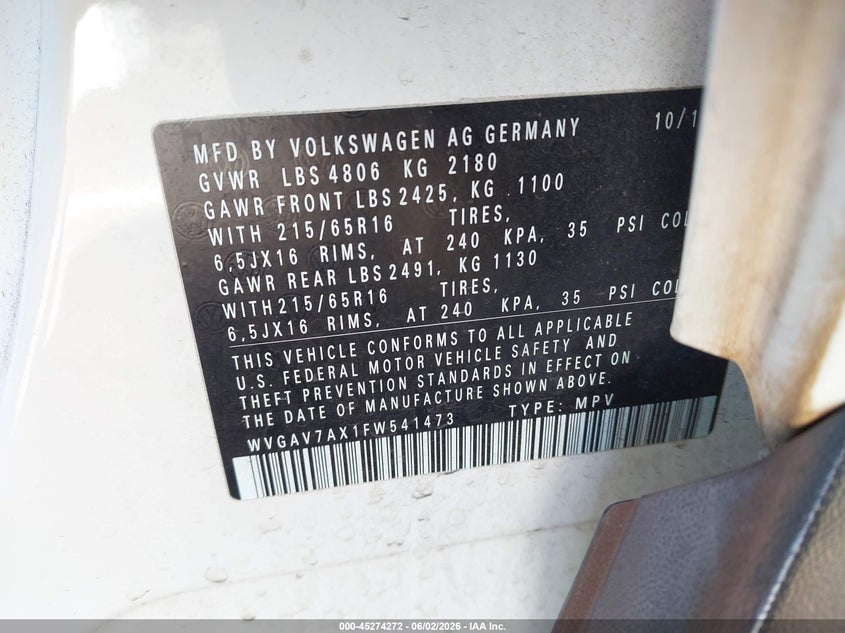2015 Volkswagen Tiguan S VIN: WVGAV7AX1FW541473 Lot: 45274272