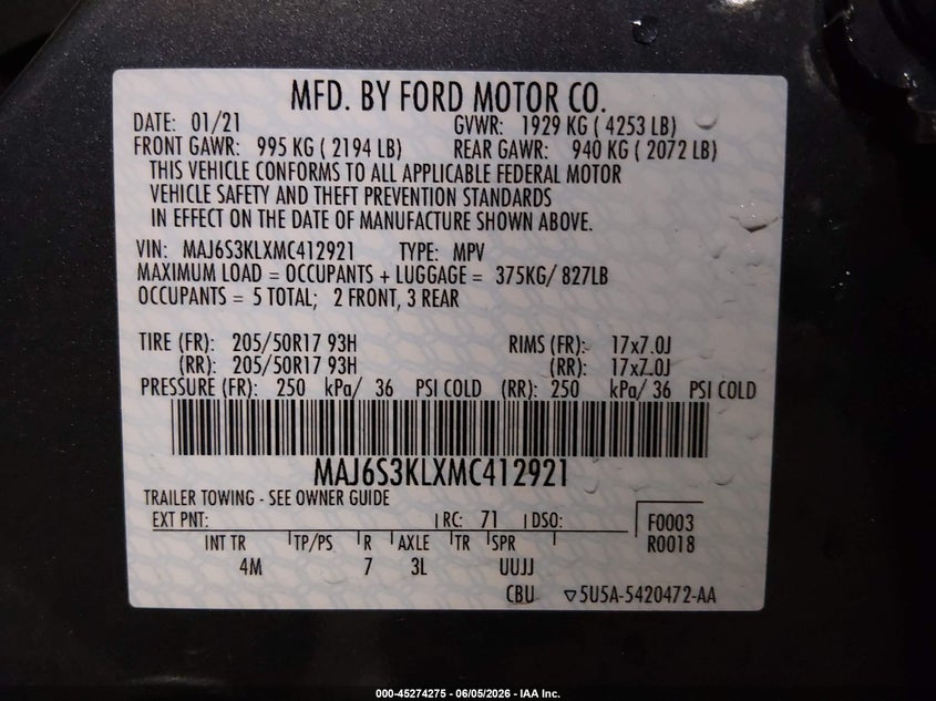 2021 FORD ECOSPORT 2.0L I-4 DI, DOHC, V(VIN: MAJ6S3KLXMC412921