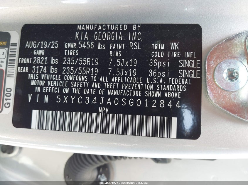 2025 Kia Ev6 Wind Rwd VIN: 5XYC34JA0SG012844 Lot: 45274277
