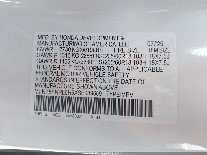 2025 Honda Odyssey Ex-L VIN: 5FNRL6H6XSB089669 Lot: 45274308