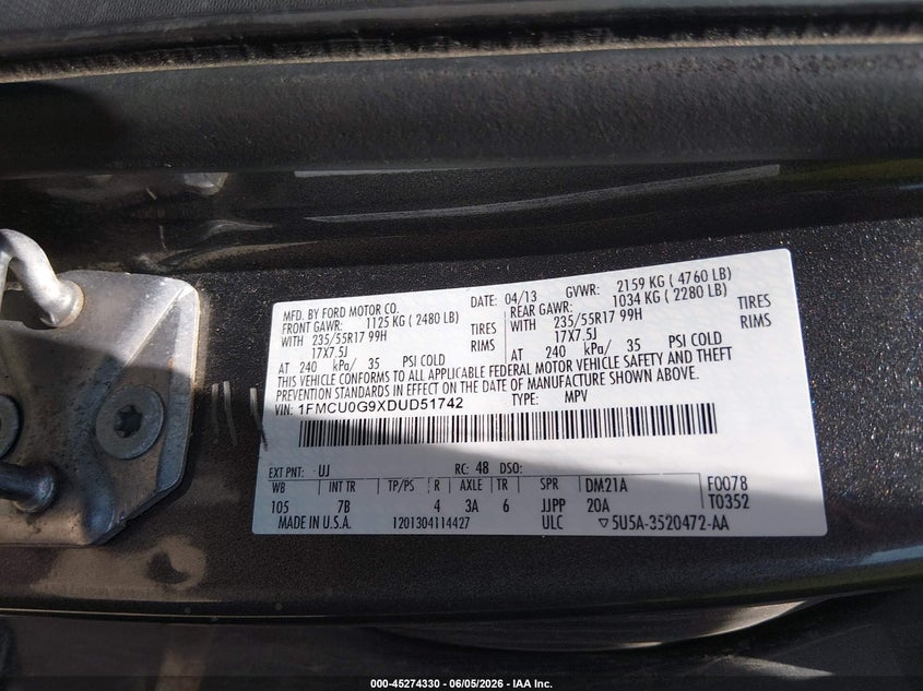 2013 FORD ESCAPE SPORT UTILITY VEHICLE 2.0L I-4 DI, DOHC, VVT, TURBO, 231HP