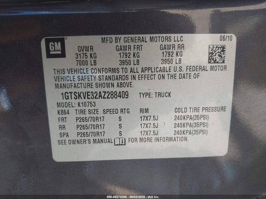2010 GMC Sierra 1500 Sle VIN: 1GTSKVE32AZ288409 Lot: 45274388