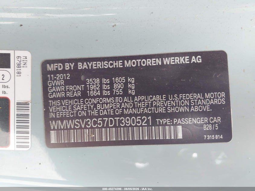 2013 Mini Hardtop Cooper S VIN: WMWSV3C57DT390521 Lot: 45274396