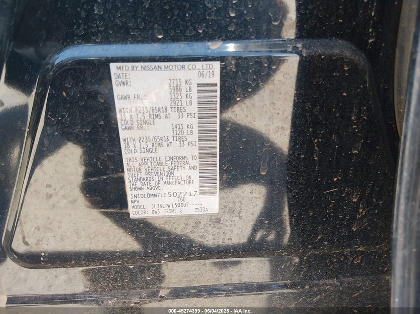 2020 Infiniti Qx60 Pure Awd VIN: 5N1DL0MM7LC502217 Lot: 45274399