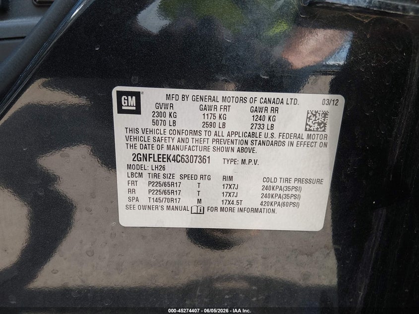 2012 Chevrolet Equinox 2.4 1Lt black Lot 111045274407 Vin 2GNFLEEK4C6307361