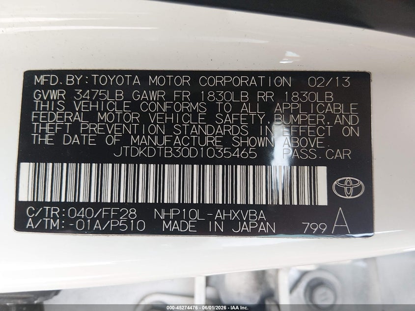 2013 Toyota Prius C Two VIN: JTDKDTB30D1035465 Lot: 45274476