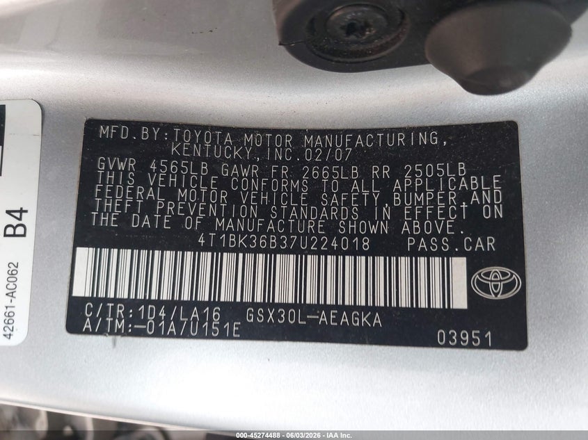 2007 Toyota Avalon Xls VIN: 4T1BK36B37U224018 Lot: 45274488