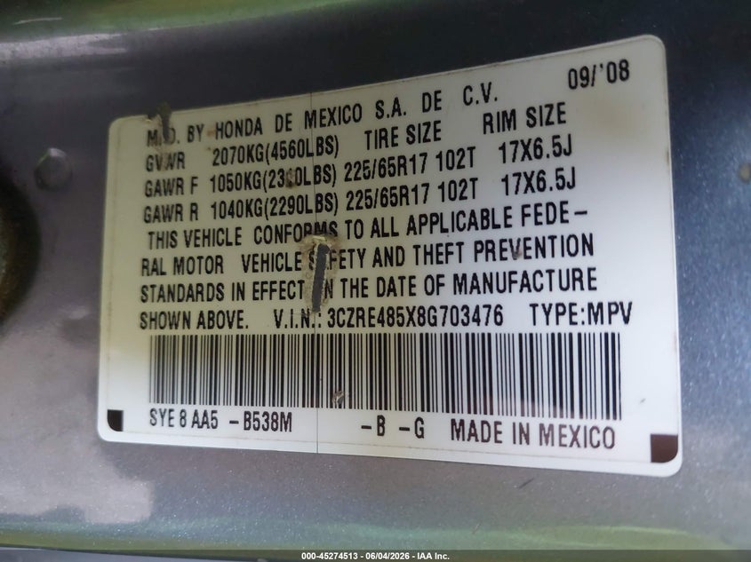 HONDA CR-V 2008 VIN 3CZRE485X8G703476