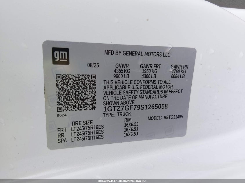 2025 GMC Savana Cargo Rwd 3500 Regular Wheelbase Work Van VIN: 1GTZ7GF79S1265058 Lot: 45274517
