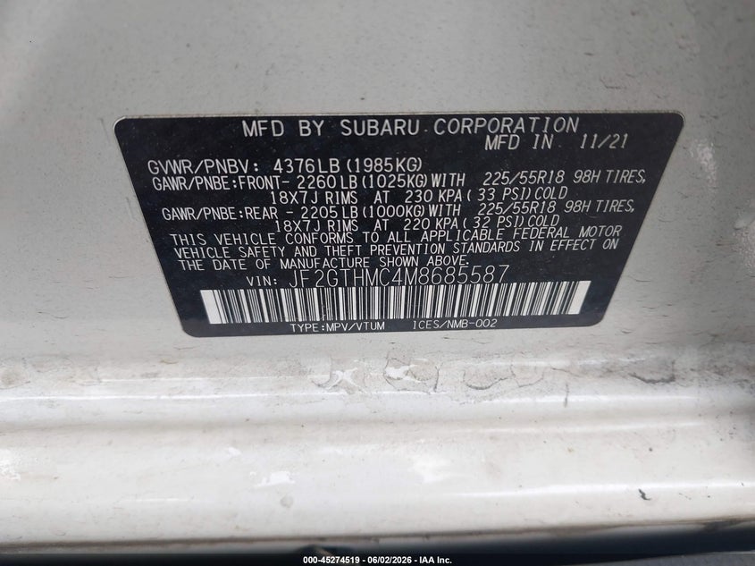 2021 Subaru Crosstrek Limited VIN: JF2GTHMC4M8685587 Lot: 45274519