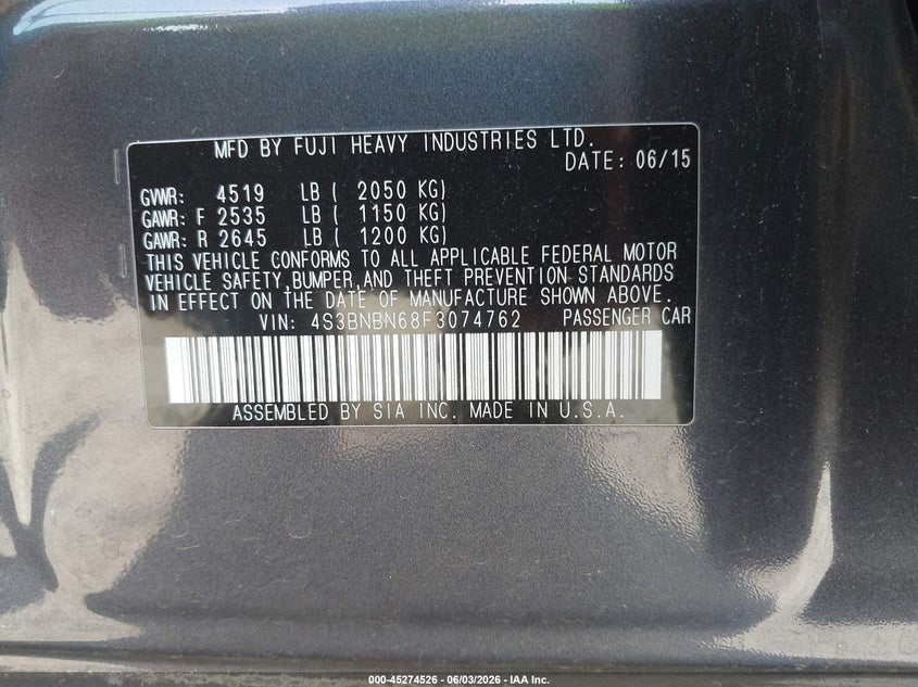 2015 SUBARU LEGACY SEDAN 2.5L H-4 DOHC, VVT, 175HP