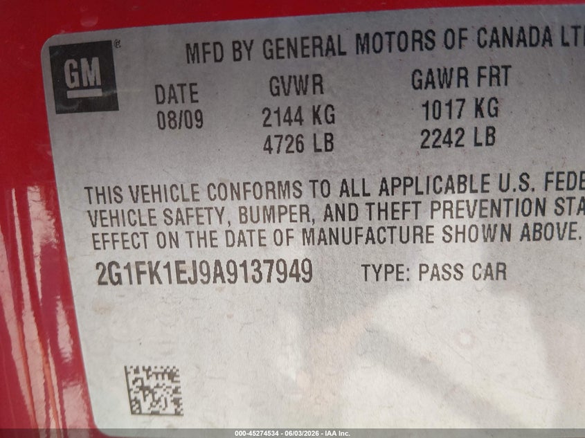 2010 Chevrolet Camaro 2Ss VIN: 2G1FK1EJ9A9137949 Lot: 45274534