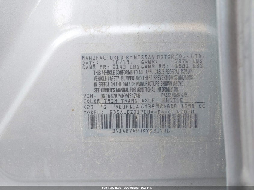 VIN 3N1AB7AP4KY431746 2019 NISSAN SENTRA SV