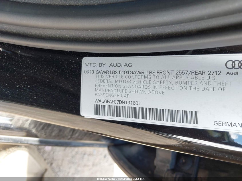2013 Audi A6 2.0T Premium VIN: WAUGFAFC7DN131601 Lot: 45274562