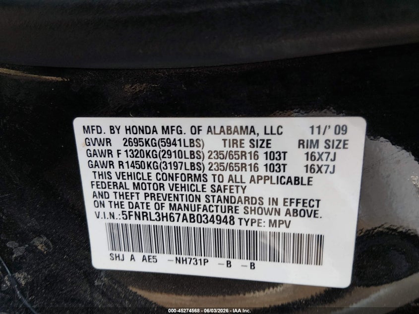 2010 Honda Odyssey Ex-L VIN: 5FNRL3H67AB034948 Lot: 45274568